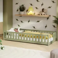 KIDS Collection Kinderbett Bodenbett mit Rausfallschutz Lattenrost und Matratze Montessori Bett Bed Gitterbett Kinder Jugendbett Einzelbett | 80x160 cm | Olivgrün