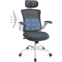 COLAMY Bürostuhl – Ergonomischer Bürostuhl mit Kopfstütze, Lendenwirbelstütze, klappbaren Armlehnen und 140° Wippfunktion, grau