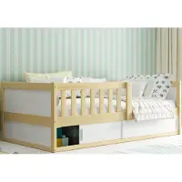 BMS Group Sawomir Pegza Interbeds Kinderbett Montessori Einzelbett 160x80cm Bodenbett Kiefernholz Naturholz mit Lattenrost und Rausfallschutz Naturton
