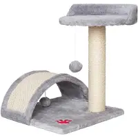 BE-ACTIVE.PL Kratzbaum für Katze klein mit weicher Sitzfläche 45 cm stabiler Sisal-Kratzsäule mit Pompoms Grau