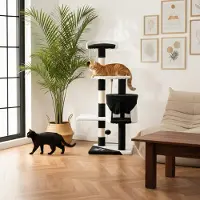 Belviona Katzenkratzbaum, kompakter 112 cm Kratzbaum mit Spielbällen, Sisal & Kuschelhöhle, schwarz/weiß