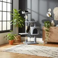 Belviona Katzenkratzbaum, kompakter 112 cm Kratzbaum mit Spielbällen, Sisal & Kuschelhöhle, hellgrau