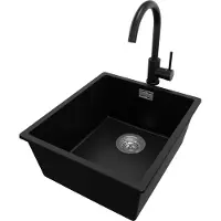 PrimaGran Granitspüle Schwarz 41x47cm, Spülbecken 1 Becken + Küchenarmatur 32x20cm + Ablauf-Set, Küchenspüle ab 45er Unterschrank - London Slim