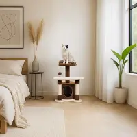 Belviona Katzenkratzbaum 65 cm, kompakter Kratzbaum mit Höhle, Liegefläche & Sisalstämmen, stabiler Spiel- & Ruheplatz, braun/beige
