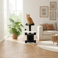 Belviona Katzenkratzbaum 65 cm, kompakter Kratzbaum mit Höhle, Liegefläche & Sisalstämmen, stabiler Spiel- & Ruheplatz, schwarz/weiß