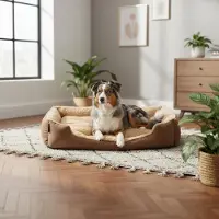 Belviona Hundebett mit kuscheligem Wendekissen, pflegeleicht & rutschfest, gemütlicher Schlafplatz, 90x70 cm, braun/beige