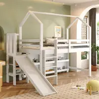 SUCCESS COURIER Kinderbett Einzelbett 90x200 cm, multifunktionales Kinderbett mit Rutsche, Treppen, Schließfach & Regal, ohne Matratze, Massivholz+MDF, weiß