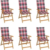 vidaXL Design Gartenstühle 6 Stk. Rote Karomuster-Kissen Massivholz Teak, Gartenstühle 2024 Neu