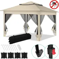 TolleTour Pavillon Pop-up Faltpavillon 3.3x3.3x2.7M Sonnenschirm Pavillon mit Moskitonetz inkl Tragetasche inkl Pavillon Sandsäcke UV-Schutz Doppeltes Dach mit Belüftungsloch Beige
