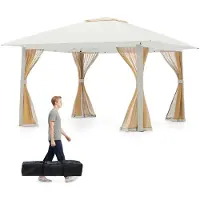Costway Pavillon 4x4m, Pop Up Faltpavillon mit 4 Moskitonetz & Doppeldach & Tragetasche, Gartenpavillon Wasserabweisend Winterfest, Partyzelt Beige