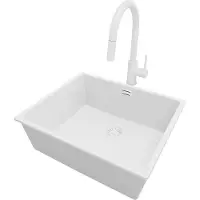 PrimaGran Granitspüle Alles Weiß 56x47cm, Spülbecken 1 Becken + Küchenarmatur 40x20cm + Ablauf-Set, Küchenspüle ab 60er Unterschrank - London Slim
