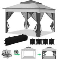 TolleTour Pavillon 3.3x3.3x2.7M, Faltpavillon,Festzelt Gartenzelt mit 4 Gaze Seitenteilen, UV-Schutz 50+, Doppeltes Dach grau