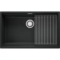 PrimaGran Spülbecken Anthrazit 76x47cm, Granitspüle 1 Becken + Ablauf-Set + Aufrollbare Abtropffläche, Küchenspüle ab 80er Unterschrank - Praga Slim