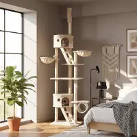 Belviona XXL-Kratzbaum mit Deckenspanner, Spiel & Krallenpflege in Perfektion, 230-250 cm Höhe, beige/weiß