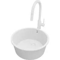 PrimaGran Unterbauspüle Granit Alles Weiß 46x46cm, Spülbecken 1 Becken + Küchenarmatur 40x20cm + Ablauf-Set, Granitspüle ab 50er Unterschrank - Valletta