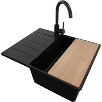 PrimaGran Granitspüle Alles Schwarz 62x50cm, Spülbecken 1 Becken + Ablauf-Set + Küchenzubehörset, Küchenspüle ab 45er Unterschrank - Kopenhagen