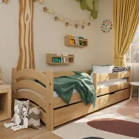 Dremax Kinderbett Nora mit Rausfallschutz, Schublade und Lattenrost | 180x80 cm | Kiefer, 100% Massivholz, natürliche Maserung | universell, stabil, bequem