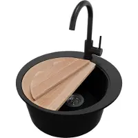 PrimaGran Granitspüle Schwarz 50x50cm, Spülbecken Rund 1 Becken + Küchenarmatur 32x20cm + Ablauf-Set + Schneidebrett, Küchenspüle ab 45er Unterschrank - Pisa