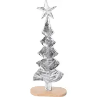 H&L Silberner Weihnachtsbaum 35 cm aus Metall und Holz mit stabilem Holzsockel