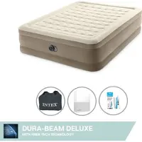 Intex Luftbett - 2 Personen - 152 x 203 x 46 cm - Beige - Mit eingebauter Pumpe, Spannbettlaken Weiß en Reperaturset