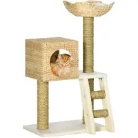 PawHut Kratzbaum 100,5cm Katzenbaum mit Katzenhöhle, Bett, Treppe, Kissen, Natur