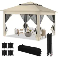 Aopunly Pavillon Pop-up Faltpavillon 3.3x3.3x2.7M Sonnenschirm Pavillon mit Moskitonetz inkl Tragetasche inkl Pavillon Sandsäcke UV-Schutz Doppeltes Dach mit Belüftungsloch Beige