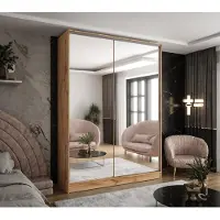 Caspian24 Moderner 2-türiger Kleiderschrank mit Schiebetüren in Wotan Eiche mit 2 Spiegeln 130x58x250 cm – für Schlafzimmer und Flur