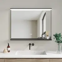 AQUALAVOS LED-Badspiegel mit Beleuchtung | Touch-Dimmer | Anti-Beschlag | Kaltweiß 6400K | Wandmontage Spiegel | Badezimmerspiegel mit Ablage 80x60 cm