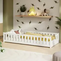 KIDS Collection Kinderbett Bodenbett mit Rausfallschutz Lattenrost und Matratze Montessori Bett Bed Gitterbett Kinder Jugendbett Einzelbett | 90x190 cm | Weiß