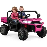 Costway 2 Sitzer Elektroauto mit Schaukelmodus & automatische Ladefläche, 12V Kinder Muldenkipper mit Musik, Hupen und Scheinwerfer, 3-8 km/h, inkl. Schaufel und 2,4GHz Fernbedienung (Rosa)