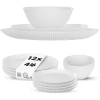 Kadax Geschirrset für 4 Personen, 12-teilig, weiße Tafelservice aus Opalglas mit Suppenschalen, Speisetellern & Desserttellern, Spülmaschinenfest (Weiß)