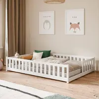 KIDS Collection Kinderbett Bodenbett mit Rausfallschutz Lattenrost und Matratze Montessori Bett Bed Gitterbett Kinder Jugendbett Einzelbett | 140x200 cm | Weiß