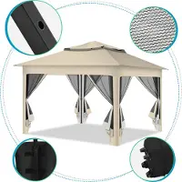 HENGDA Pavillon 3.3x3.3x2.7M, Faltpavillon,Festzelt Gartenzelt mit 4 Gaze Seitenteilen, UV-Schutz 50+, Doppeltes Dach Beige