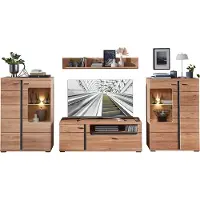 Lomadox Fernsehwand mit Esche Massivholzfronten und Beleuchtung STAVEN-36 mit Absetzungen in schwarz matt, B/H/T ca. 360/200/42 cm