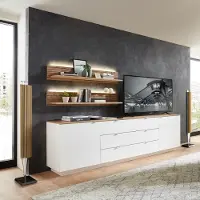 Lomadox TV Sideboard Set mit Wandregalen Fernsehschrank weiß mit Eiche, Breite 240 cm CUST-36 inkl. LED Beleuchtung