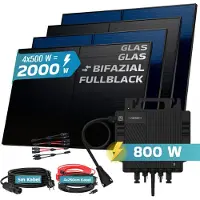 SUNNIVA 2000W Balkonkraftwerk BIFAZIAL FULLBLACK komplett Steckdose GROWATT NEO-800M-X Wechselrichter, Komplettset 4x 500W PV Solaranlage Solarmodule
