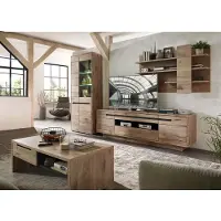 Lomadox Wohnzimmer Set Anbauwand inkl. Beleuchtung und Couchtisch BURNHAM-36 in Eiche Nb. mit graphit