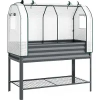 Dopwii Hochbeet mit Frühbeetaufsatz aus Metall Pflanzkasten mit Gewächshaus Ablagefach, Erhöht 120 x 55 x 140cm
