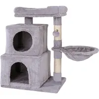 Lionto Katzen Kratzbaum, 70 cm mit 2 Höhlen, Liegemulde, Liegebett & Spielball, robust & gemütlich, hellgrau