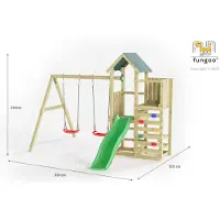 Fungoo Spielturm "Chester" natur mit Doppelschaukel, Rutsche, Holzdach und Kletterwand