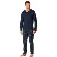 Schiesser Pyjama "Fine Interlock" 2 tlg. Oberteil in Uni, karierte Hose, V-Neck, Langarm, Baumwolle