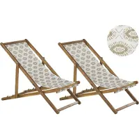 Beliani Liegestuhl 2er Set Hellbraun Akazienholz mit Beigem Bezug Klappbar Bohomuster Gartenausstattung Outdoor Gartenzubehör Modern