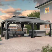 PURPLE LEAF Hardtop Pavillon 3.65x7.35m wasserdicht winterfest und stabil für den Garten,Hellgrau,mit Beleuchtung