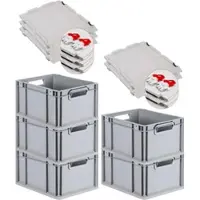 Proregal SuperSparSet 5x Eurobox NextGen Grip mit Scharnierdeckel & roten Verschlüssen, HxBxT 22x30x40cm, 20L, Grau, Griffe offen, Eurobehälter