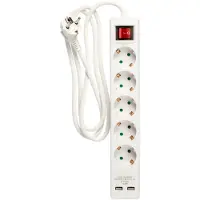 E:ZO Power outlet 5-way connector with 2x USB, 1.5m