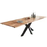 Casa Massiva Baumkantentisch 200 (300) x 100 cm Spencer, Akazienholz naturfarben & massiv, Esszimmertisch mit 2 Ansteckplatten, Mattschwarzes Spider-Metallgestell, Platte 35mm