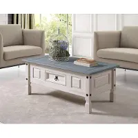 Casa Massiva Couchtisch Merida, Pinienholz massiv, Beistelltisch mit Schubfach, weiß lasiert, graue Deckplatte, schwarzer Metallgriff, Mexiko-Möbel