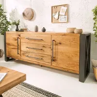 Invicta Massivholz Sideboard THOR 200cm natur Wildeiche geölt Baumkante Metall schwarz Kommode Schrank Wohnzimmerschrank