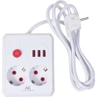 Macleans Steckdosenleiste Verlängerungskabel 2 Steckdosen + 3xUSB 110-240V AC 50/60Hz 2,1A max 2500W 1,5m weiß MCE387 W