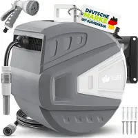 Tillvex Schlauchtrommel Wasser 15+2m Grau mit Wandhalterung + Tragegriff | Schlauchaufroller mit Handbrause und Gartenschlauch | 180° Schwenkbar | Wand-Schlauchbox mit Aufroll-Automatik